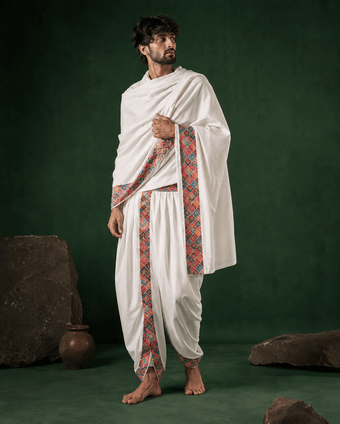 Classic White Dhoti with Multicolored Border - 2