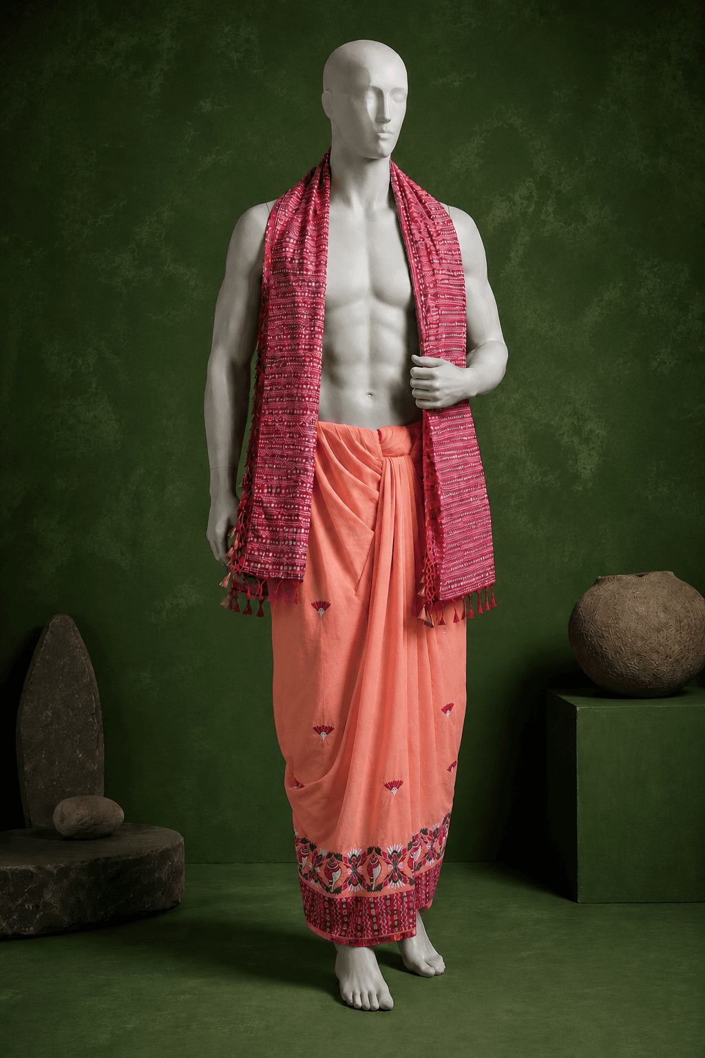 Peach Dhoti with Intricate Red Border - 3