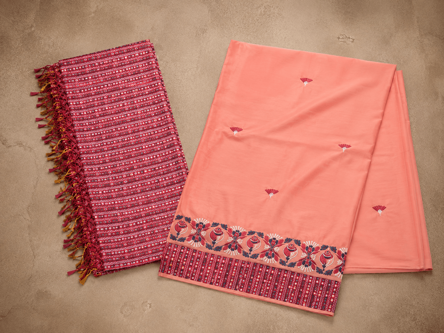 Peach Dhoti with Intricate Red Border - 1