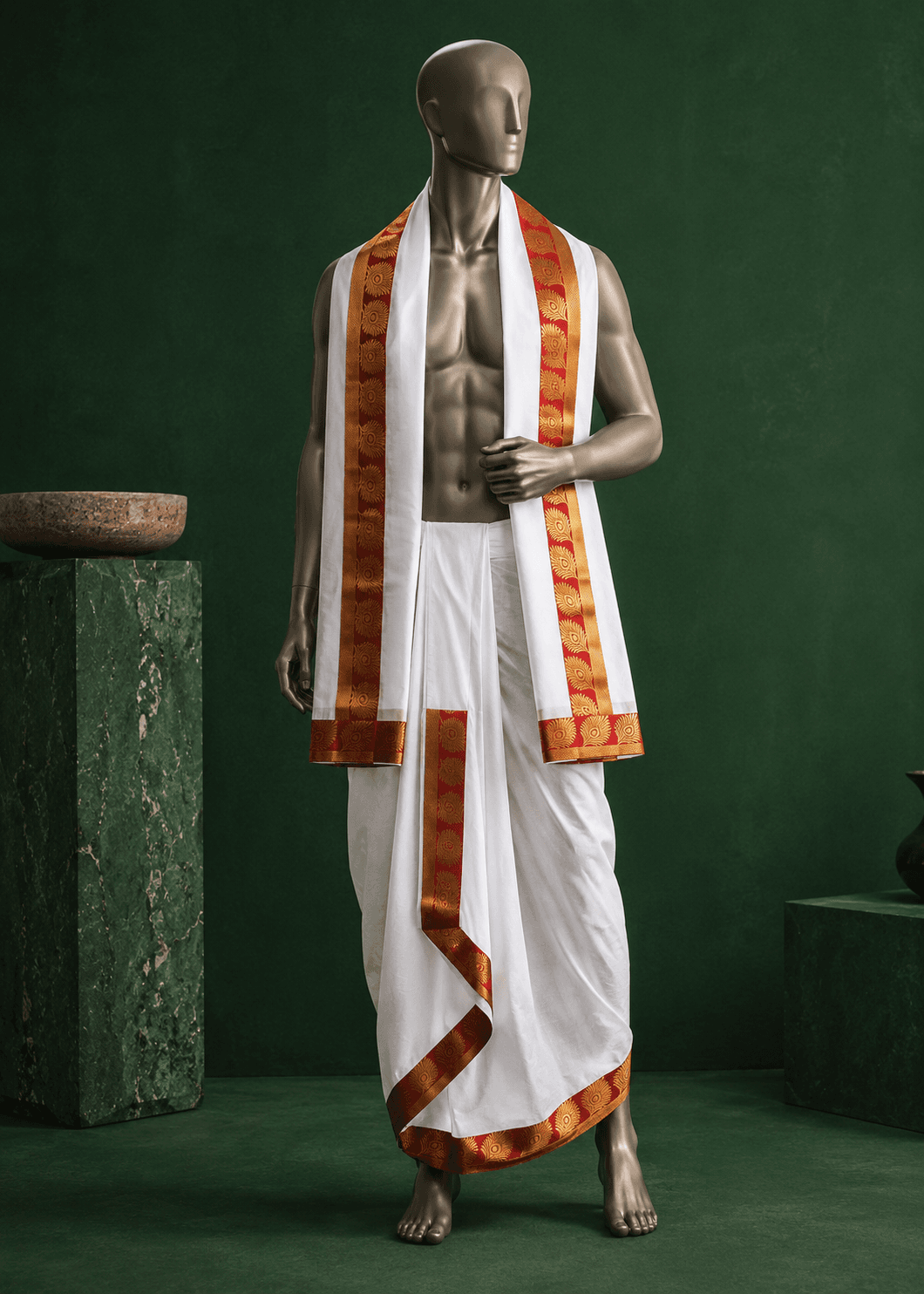 White Dhoti with Red Circular Motif Border - 1