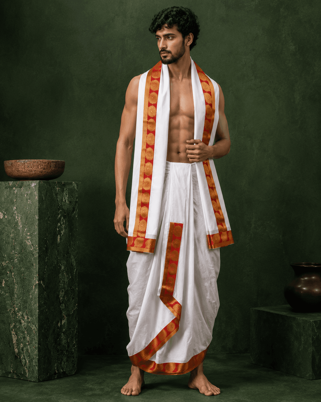 White Dhoti with Red Circular Motif Border - 3